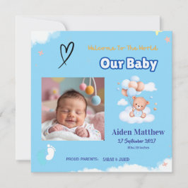 男の赤ちゃんの写真の誕生のお知らせ 招待状