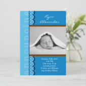 男の赤ちゃんの写真の誕生の発表 案内状 (スタンド正面)