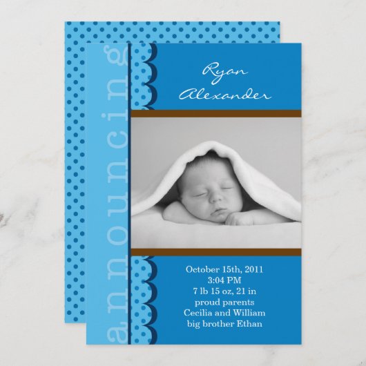 男の赤ちゃんの写真の誕生の発表 案内状 (正面/裏面)