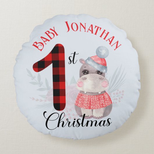 男の赤ちゃんの初めてのクリスマスかわいいヒッポネーム ラウンドクッション (正面)
