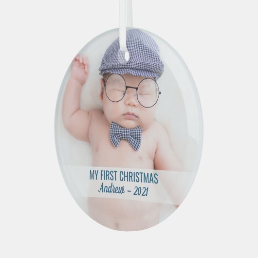男の赤ちゃんの初めてのクリスマスの名前かわいい写真 ガラスオーナメント (正面左)