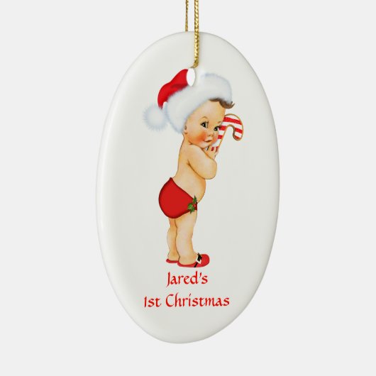 男の赤ちゃんの初めてのクリスマスの赤いサンタの帽子 セラミックオーナメント (右)