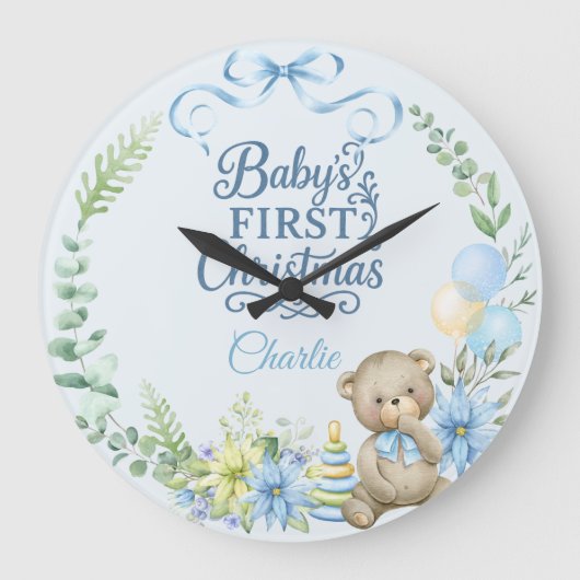 男の赤ちゃんの初めてのクリスマスパーソナライズされた名(写真) ラージ壁時計 (正面)