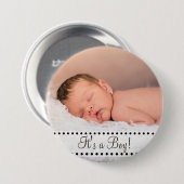 男の赤ちゃんの名前およびパーソナライズな写真の磁石の黄色 缶バッジ (正面&裏面)