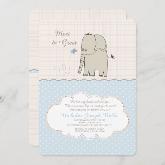 男の赤ちゃんの招待状に会って下さい及び挨拶して下さい 招待状 (正面/裏面)