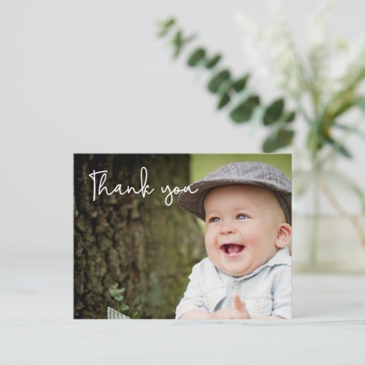 男の赤ちゃんの最初の誕生日ありがとう写真 ポストカード (スタンド正面)