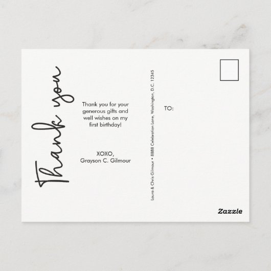 男の赤ちゃんの最初の誕生日ありがとう写真 ポストカード (裏面)