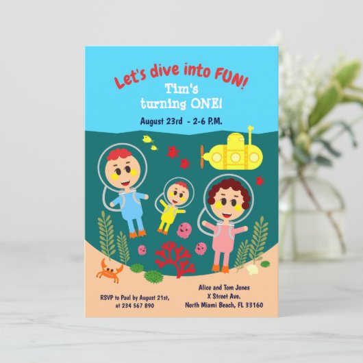 男の赤ちゃんの最初の誕生日の夏のパーティの招待状 招待状 (スタンド正面)