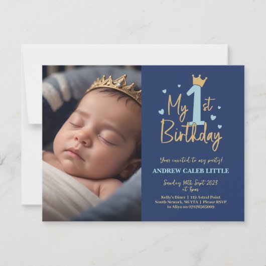男の赤ちゃんの最初の誕生日の招待状（写真あり） 招待状 (正面)