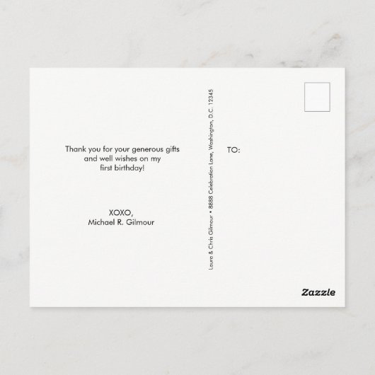 男の赤ちゃんの最初の誕生日パーティフォトカスタム ポストカード (裏面)