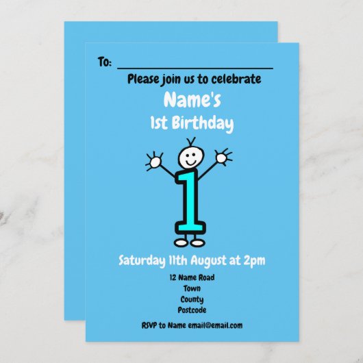 男の赤ちゃんの最初の誕生日パーティーの招待 招待状 (正面/裏面)
