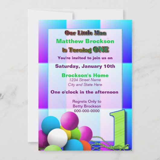 男の赤ちゃんの最初の誕生日 – バルーン 招待状 (裏面)