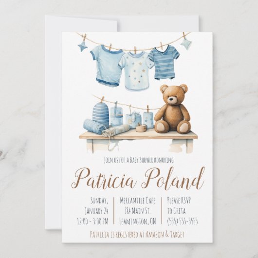 男の赤ちゃんの服を着たClotheslineベビーシャワー 招待状 (正面)