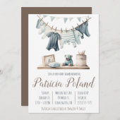 男の赤ちゃんの服を着たClotheslineベビーシャワー 招待状 (正面/裏面)