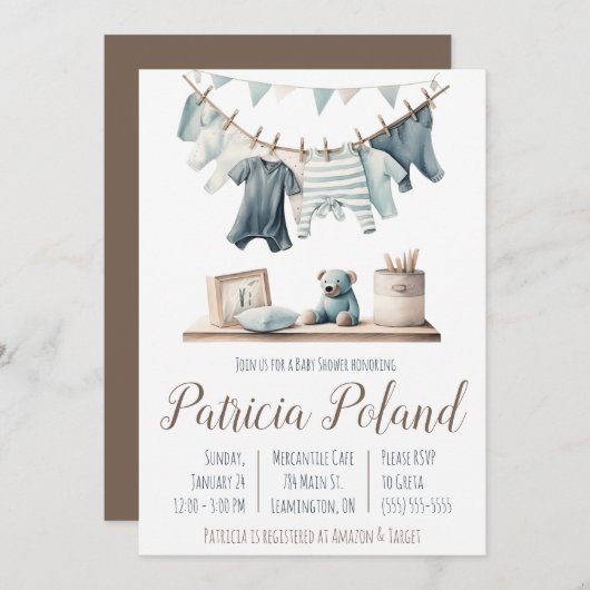 男の赤ちゃんの服を着たClotheslineベビーシャワー 招待状 (正面/裏面)
