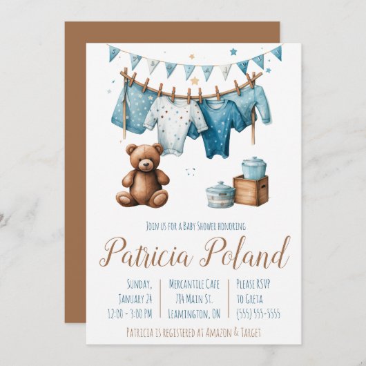 男の赤ちゃんの服を着たClotheslineベビーシャワー 招待状 (正面/裏面)