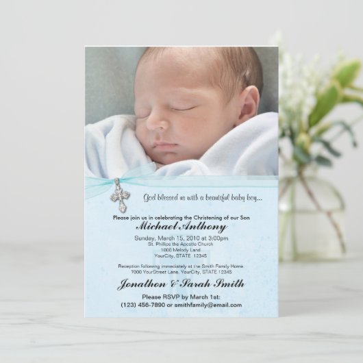 男の赤ちゃんの洗礼か《キリスト教》洗礼式や命名式の招待状 招待状 (スタンド正面)