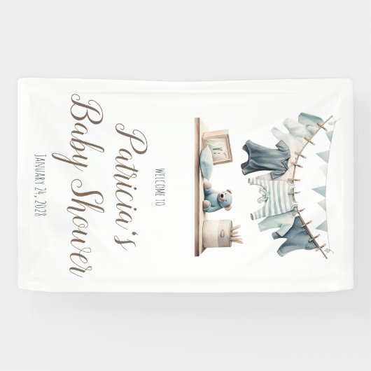 男の赤ちゃんの物干し用ベビーシャワー歓迎サイン 横断幕 (横)