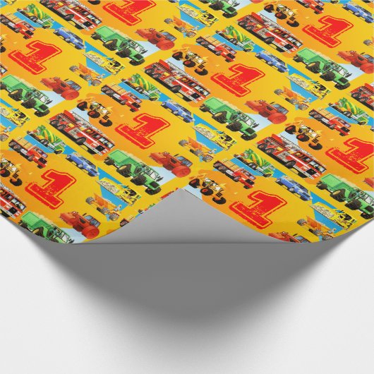 男の赤ちゃんの第1誕生日のカスタムな建築のトラック ラッピングペーパー (角)