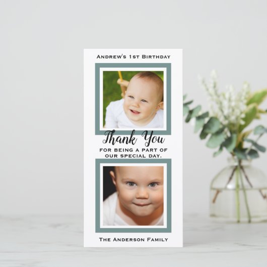 男の赤ちゃんの第1誕生日は感謝していしています サンキューカード (スタンド正面)