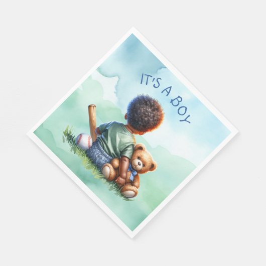 男の赤ちゃんの色と彼のテディベア赤ちゃんシャワー スタンダードランチョンナプキン (角)