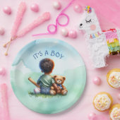 男の赤ちゃんの色と彼のテディベア赤ちゃんシャワー ペーパープレート (パーティー)