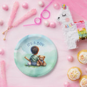 男の赤ちゃんの色と彼のテディベア赤ちゃんシャワー ペーパープレート (パーティー)