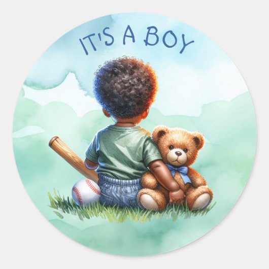 男の赤ちゃんの色と彼のテディベア赤ちゃんシャワー ラウンドシール (正面)
