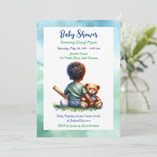 男の赤ちゃんの色と彼のテディベア赤ちゃんシャワー 招待状 (スタンド正面)