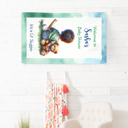 男の赤ちゃんの色と彼のテディベア赤ちゃんシャワー 横断幕 (インサイチュ)