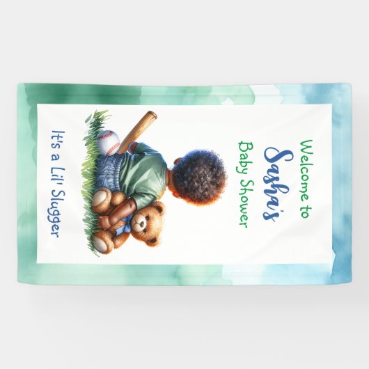 男の赤ちゃんの色と彼のテディベア赤ちゃんシャワー 横断幕 (横)