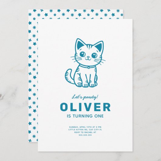 男の赤ちゃんの誕生日パーティカスタムーカラーズkitten 招待状 (正面/裏面)
