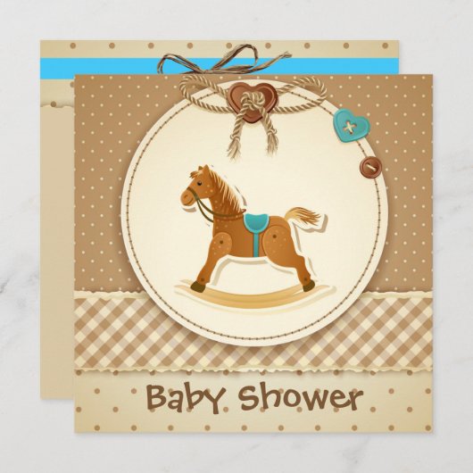 男の赤ちゃんの赤ちゃんシャワー招待状ロッキング馬 招待状 (正面/裏面)