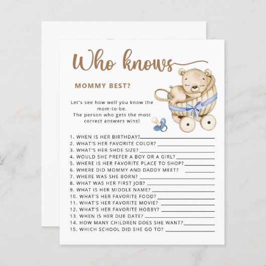 男の赤ちゃんの赤ちゃんシャワー推測テディベアの数 (正面/裏面)