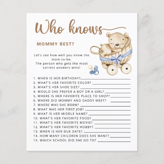 男の赤ちゃんの赤ちゃんシャワー推測テディベアの数 (正面)