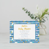 男の赤ちゃんの赤ちゃんシャワー、青、熱気球 箔招待状ポストカード (立ち正面)