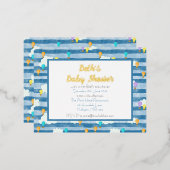 男の赤ちゃんの赤ちゃんシャワー、青、熱気球 箔招待状ポストカード (正面/裏面)