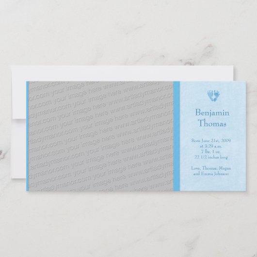 男の赤ちゃんの足跡の写真の誕生の発表 案内状 (正面)