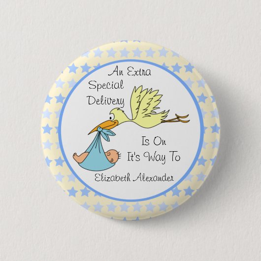 男の赤ちゃんの速達のこうのとりのベビーシャワーの好意 缶バッジ (正面)