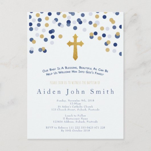 男の赤ちゃんの金ゴールドの洗礼 ポストカード (正面)