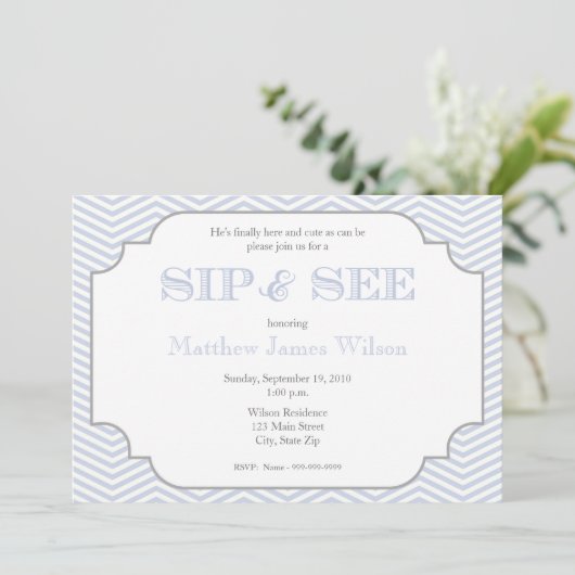 男の赤ちゃんの青いシェブロンの一口は招待状を見、 招待状 (スタンド正面)