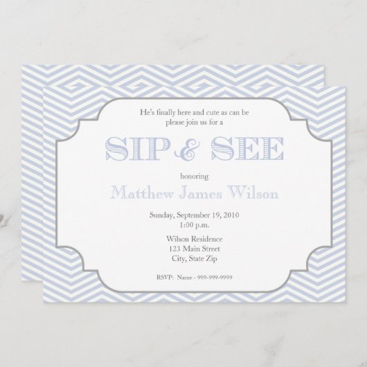 男の赤ちゃんの青いシェブロンの一口は招待状を見、 招待状 (正面/裏面)