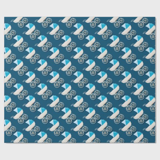 男の赤ちゃんの青いヴィンテージのベビーカーパターン ラッピングペーパー (フラット)