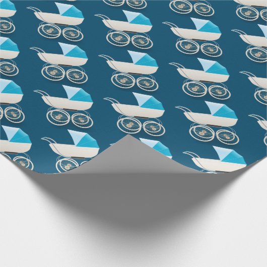 男の赤ちゃんの青いヴィンテージのベビーカーパターン ラッピングペーパー (角)