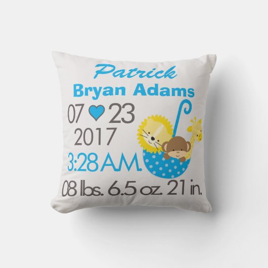 男の赤ちゃんの青い動物の水玉模様の誕生の日付時刻 クッション (正面)