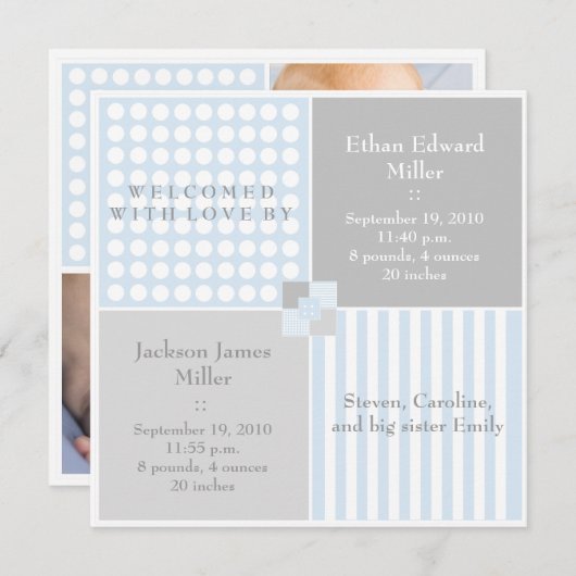 男の赤ちゃんの青い対のモダンな写真の発表 案内状 (正面/裏面)