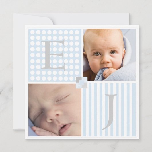 男の赤ちゃんの青い対のモダンな写真の発表 案内状 (裏面)