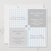 男の赤ちゃんの青い対のモダンな写真の発表 案内状 (正面)