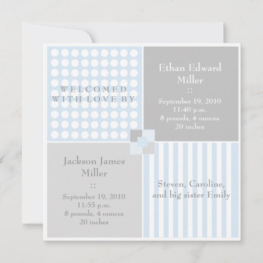 男の赤ちゃんの青い対のモダンな写真の発表 案内状 (正面)