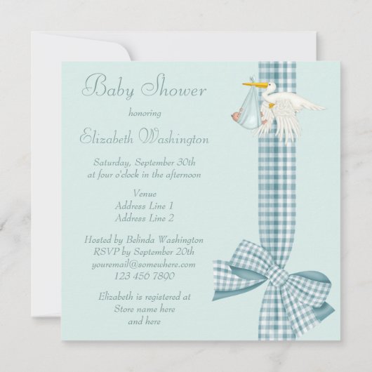 男の赤ちゃんの青色児のシャワーを渡しているかわいいこうのとり 招待状 (裏面)